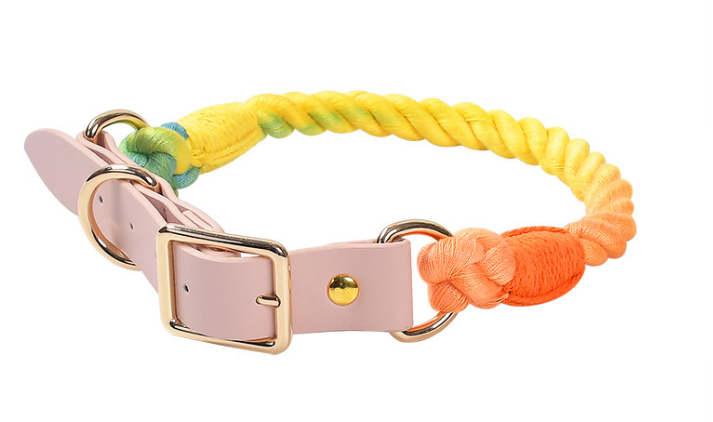 Rainbow Dog Cotton Rope Collar & Leash