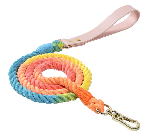 Rainbow Dog Cotton Rope Collar & Leash