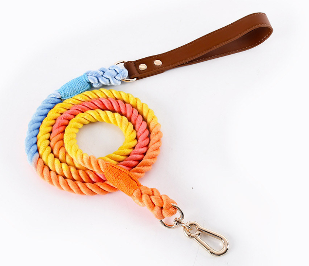 Rainbow Dog Cotton Rope Collar & Leash