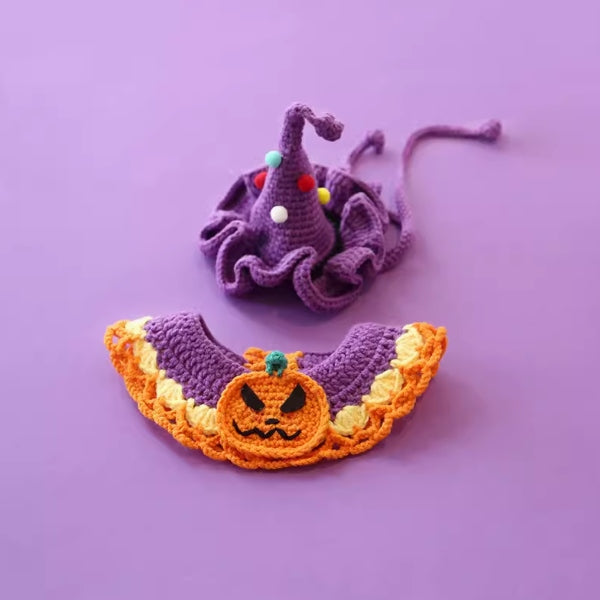 Handcrafted Crochet Collar and Hat - Pumpkin (purple hat)