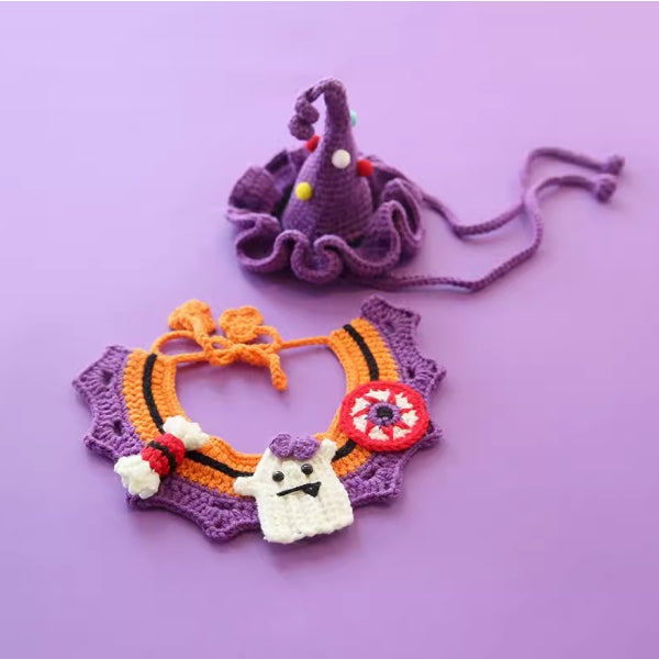 Handcrafted Crochet Collar and Hat - Ghost (purple hat)