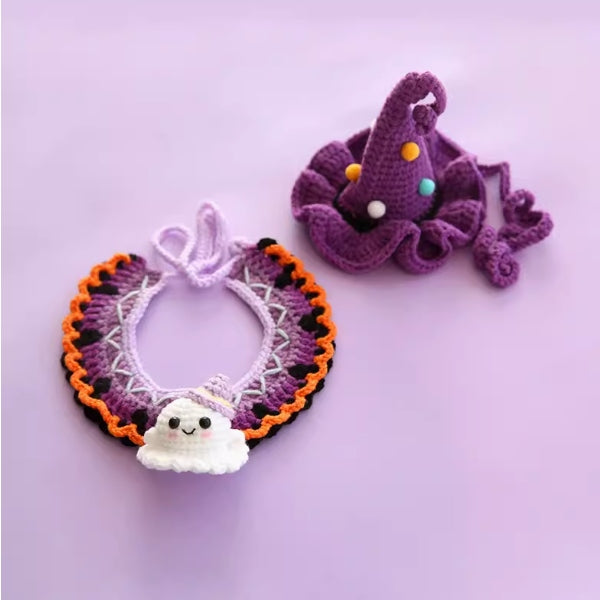 Handcrafted Crochet Collar and Hat - 3D Ghost (purple hat)