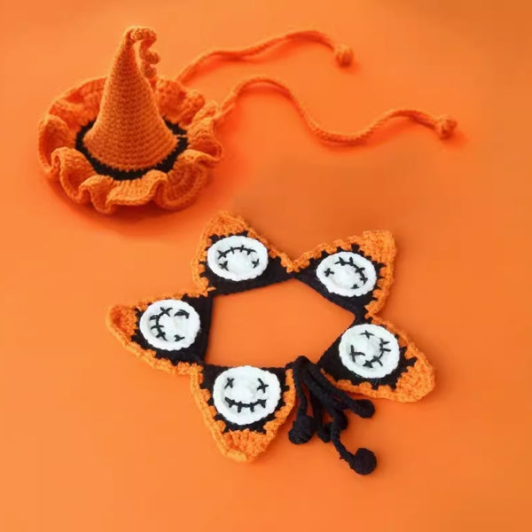 Handcrafted Crochet Collar and Hat - Ghost Face (orange hat)