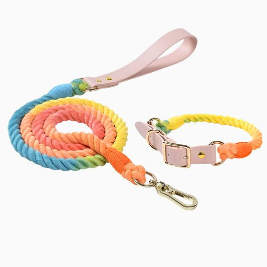 Rainbow Dog Cotton Rope Collar & Leash