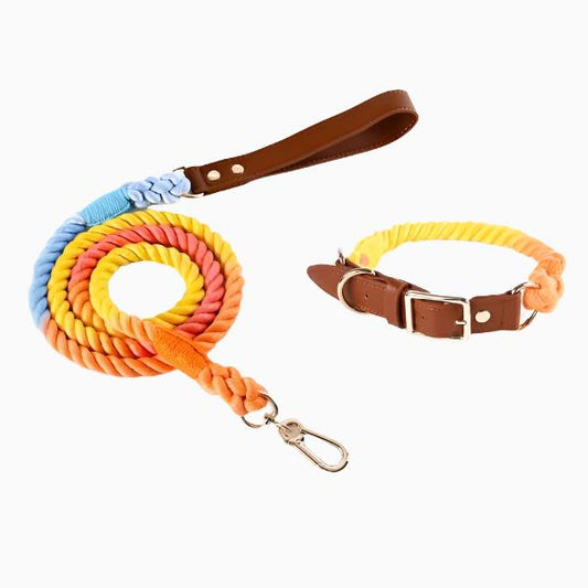 Rainbow Dog Cotton Rope Collar & Leash