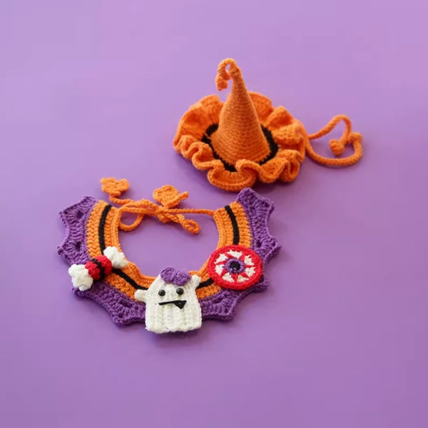 Handcrafted Crochet Collar and Hat - Ghost (orange hat)