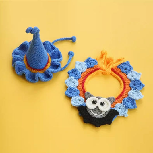 Handcrafted Crochet Collar and Hat - Bat (blue hat)