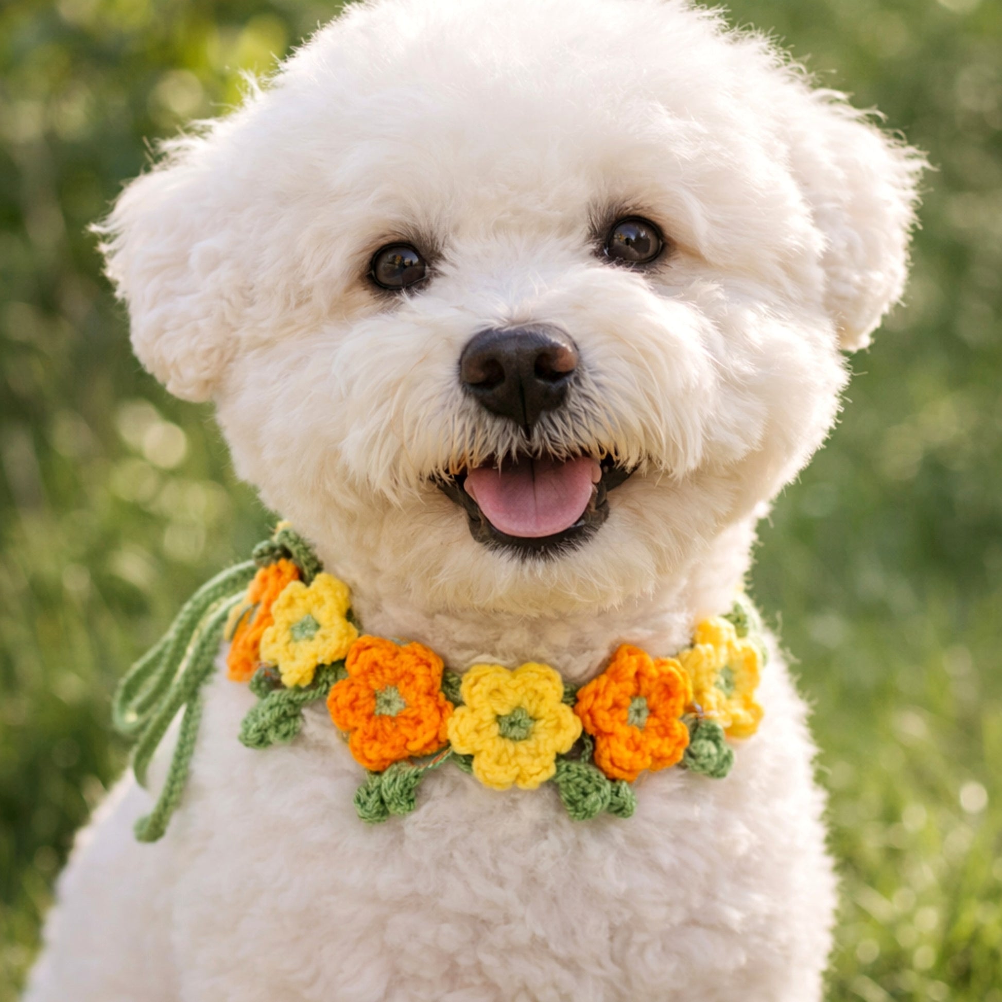 dog wearing crochet flower collar yellow green
