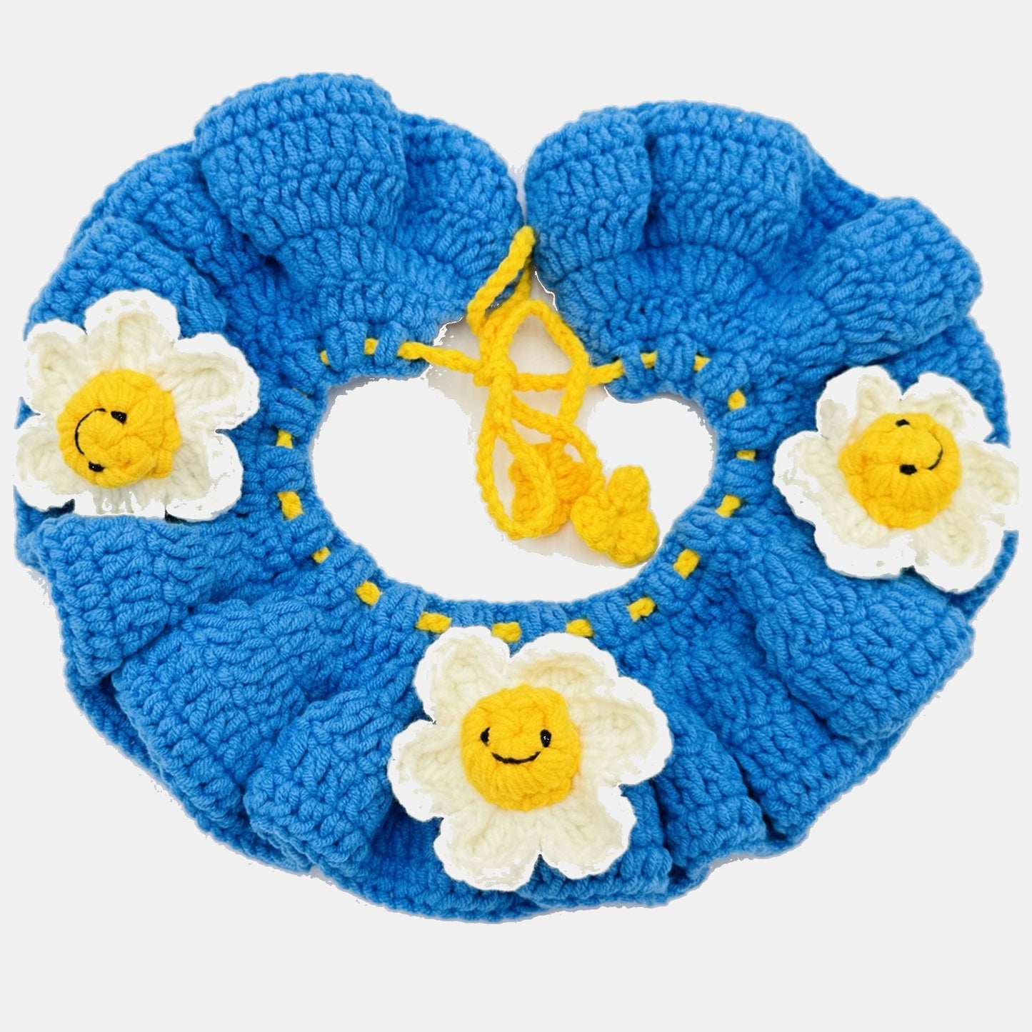 blue crochet pet collar with smiley daisy flowers handmade