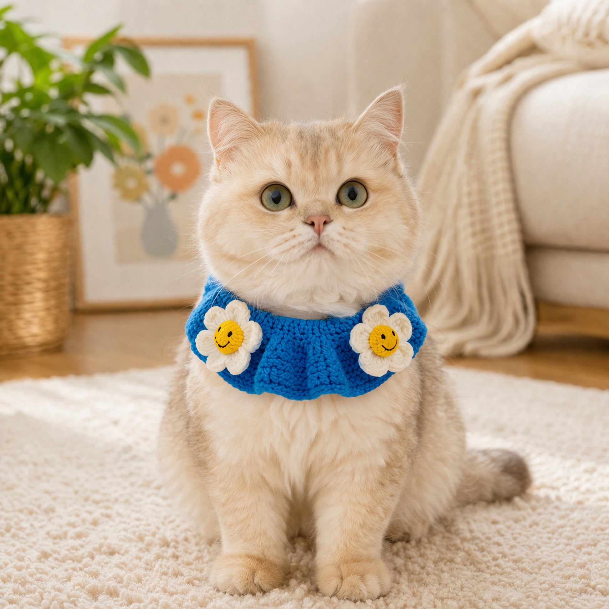 cat wearing blue crochet flower collar handmade pet accessory
