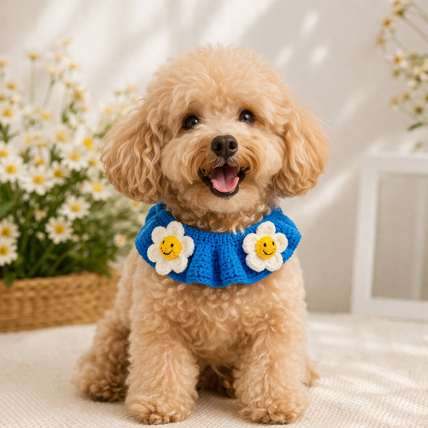 dog wearing blue crochet daisy collar cute pet accessory